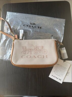 Coach Beige nolita Canvas Wristlet with Tan Leather Trim